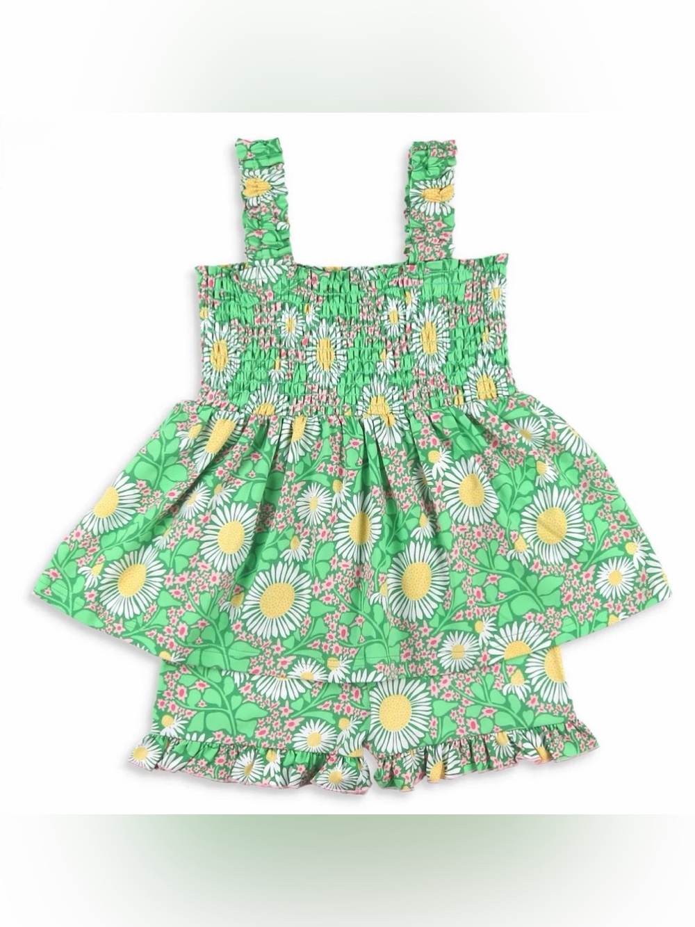 Green Daisy Print Girls' Matching Short Set